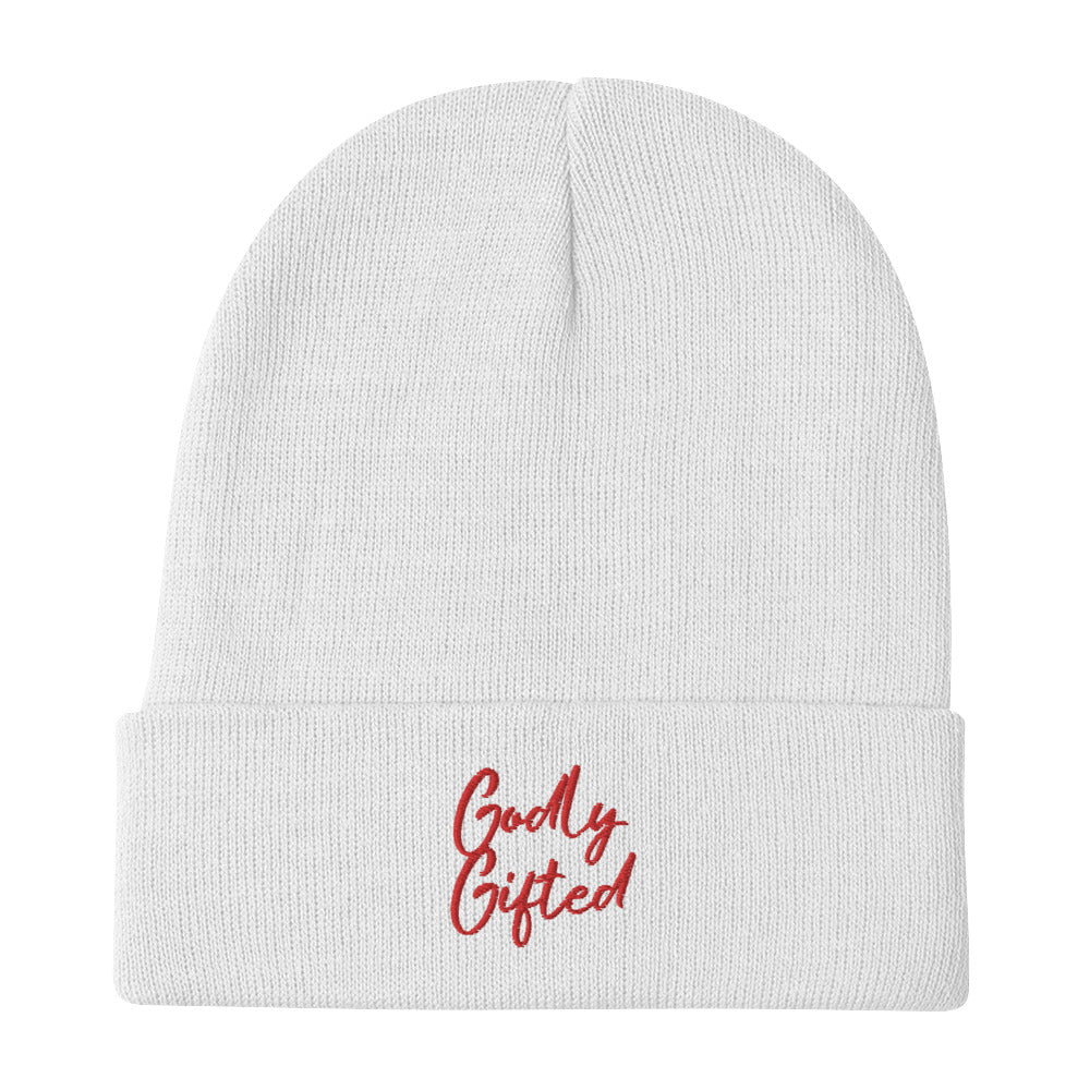 Godly Gifted Embroidered Beanie- White & Red