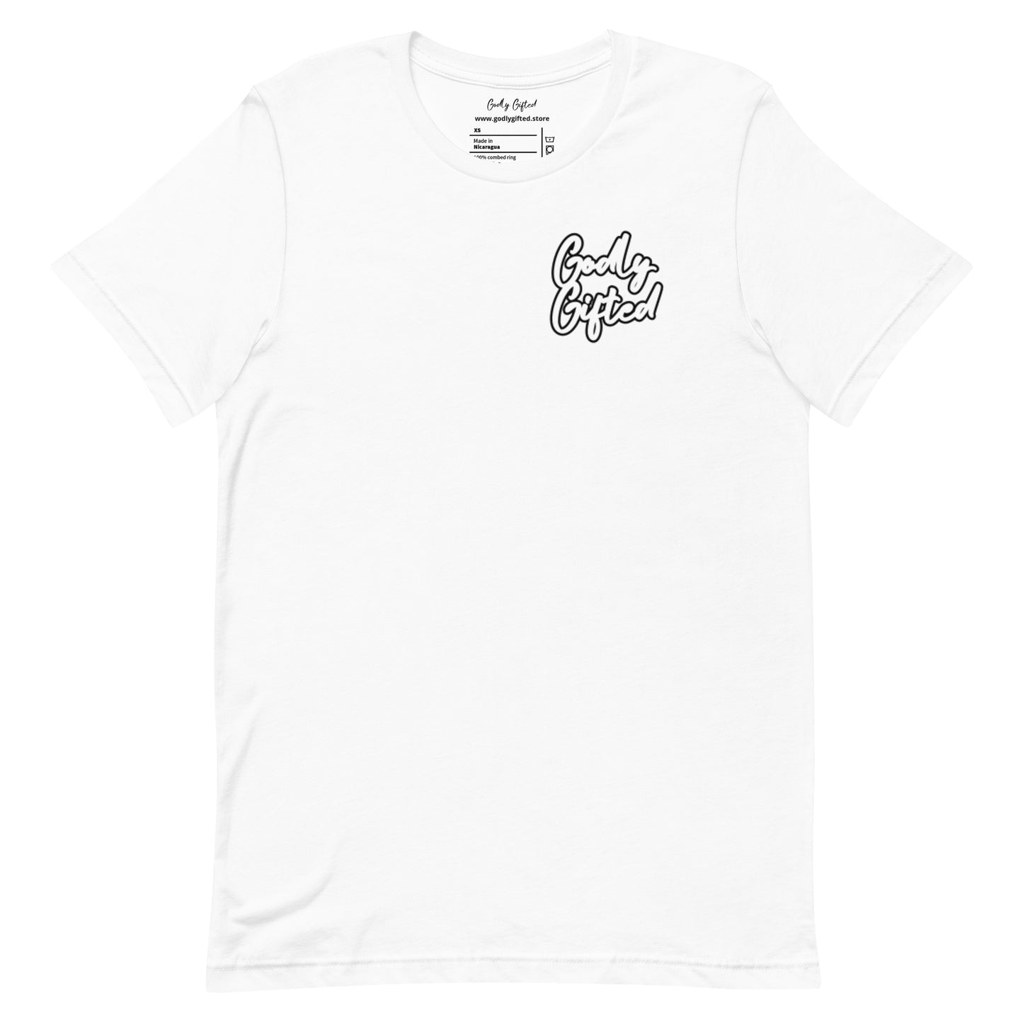 Godly Gifted Signature Unisex White & Black t-shirt- Pocket Size Logo with Back Print.